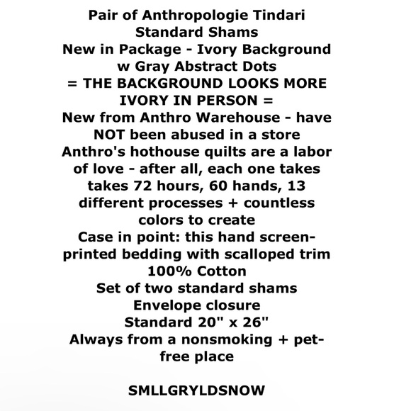 NIP Anthropologie Tindari Shams Cotton Ivory + Gray Scalloped Trim Hand Screened - Picture 2 of 9